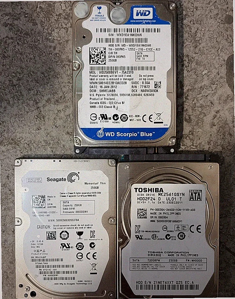 3 PACK!! Hard Disk 250 GB HDD 2.5 SamsungWD Toshiba Hitachi Seagate, for Laptop