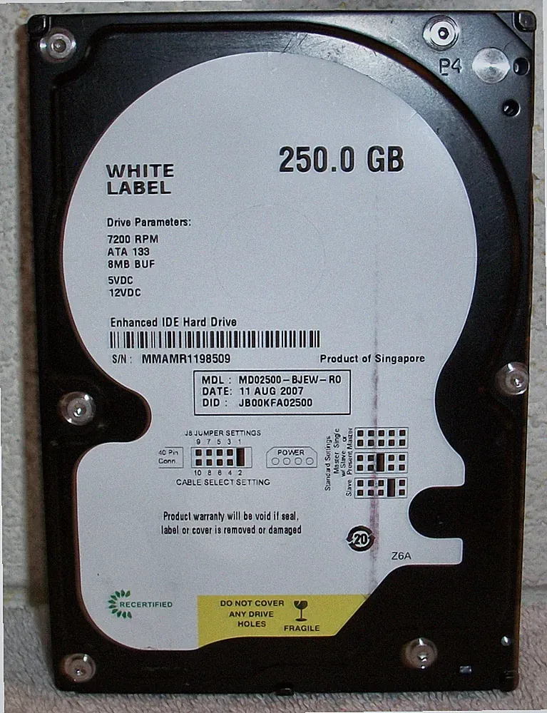 Enhanced IDE 3.5" Hard Drive 250GB MD02500-BJEW JB00KFA02500 ATA 133 WHITE LABEL